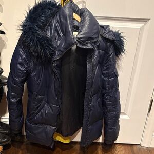 Navy Puffer Jacket with Faux Fur Hood